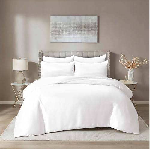Hadi London Satin Silk 6 Piece Complete Bedding Set with Silky Deep Fitted Sheet Reversible Duvet Cover Comforter & 4 Pillowcases for Single Double King Super King Size Bed (White, Double)
