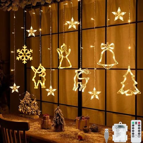 138 LED Lichtervorhang,8Modi LED Lichterkette mit Sterne & Weihnachtsmuster,Batterie & USB betriebene Lichterkette,Weihnachtsbeleuchtung Innen Außen Wasserdicht Dekoration für Weihnachtsdeko
