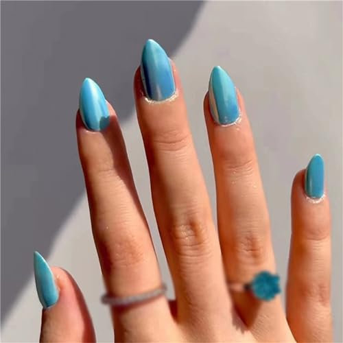 Stylish Aurora Blue Fake Nail Chrome Short Almond Press on Nails Tips for Women and Girls Nail Art Manicure Decoration 24pcs