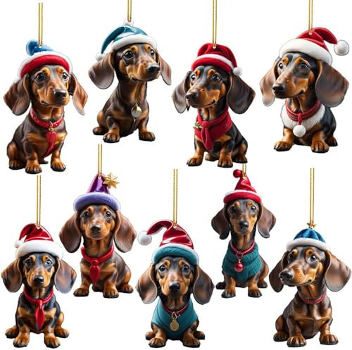 YGCHEN Dackel Anhänger Weihnachtsanhänger Deko Christbaumschmuck Weihnachtsdeko Dackel Ornament Weihnachtsbaumschmuck Acryl Hund Anhänger Weihnachtsdeko 9 Stück