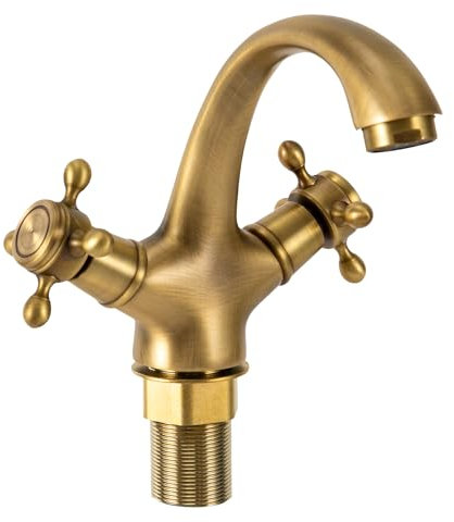 Waschtischarmatur aus Messing mit Zweigriff, Wasserhahn Bad Armatur Mischbatterie für Kaltes und Heißes Wasser, Retro Waschbecken Armaturen mit Keramikspule für Badezimmer (Antike Farbe)