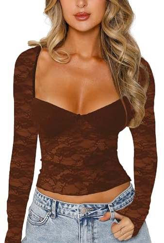 ZZLBUF Sexy Crop Floral Lace Sweatheart Neck Tops for Women Long Sleeve Slim Fitted Low Cut Shirt Y2k Going Out Streetwear (Dark Brown, L)