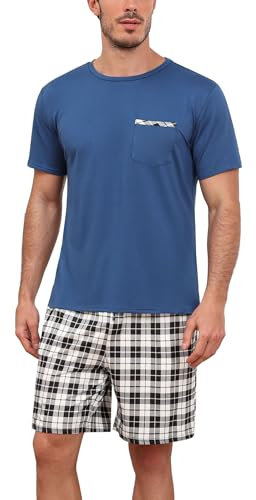 Ekouaer Pyjama Homme Court Vetements De Nuit Ensembles Manche Courte Pantalon Courts avec Poche, Bleu/Carreaux, L