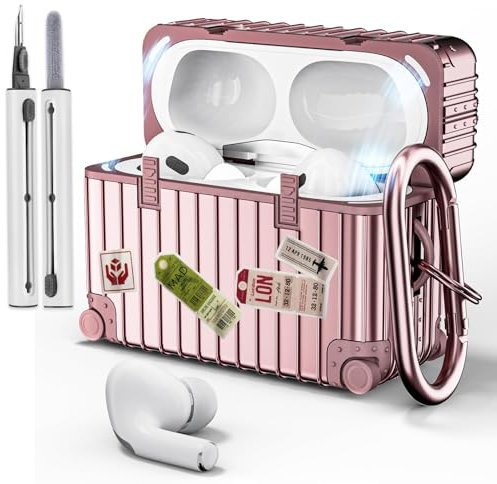 VISOOM Kompatibel mit Airpods Pro 2 Hülle 2022/2019 mit Reinigungsset Cute Suitcase Stoßfeste Schutzhülle Weiches TPU Case Cover mit Karabiner[Front-LED Sichtbar [Kabelloses Laden],Rosegold