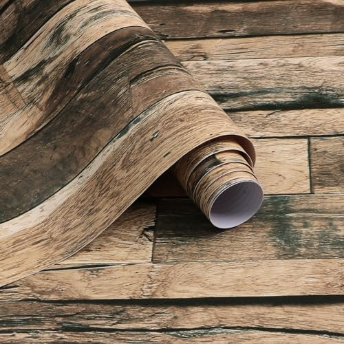 CiCiwind Self Adhesive Rustic Wood Effect Wallpaper - 44cm×10m Thicken Sticky Back Plastic Peel and Stick Removable Wood Vinyl Wrap for Wall Cabinets Table