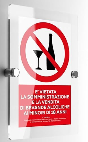 Global Targa Cartello in plexiglass - Vietati alcolici ai minori - Con Distanziali in acciaio inox (10x15 cm)