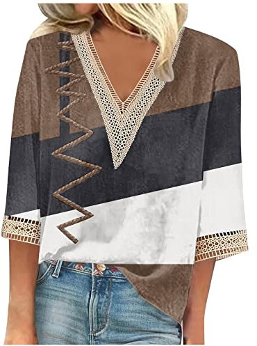 SCBFDI Damen T-Shirt oder Damen Bluse, 3/4 Ärmel, Multicolored, L, Baumwolle, Fell, Neopren