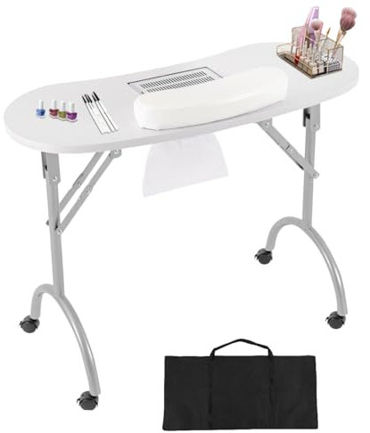 Table de manucure pliable avec aspiration - Table à ongles portable avec aspirateur à ongles, roue, sac à poussière, convient pour les salons de manucure, les salons de beauté, le soin des ongles