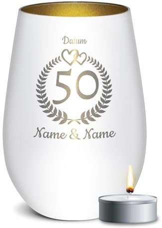 PR Print Royal Weißes Windlicht mit Gravur zur Goldenen Hochzeit - 50 Jahre - mit Namen & Datum - Hochzeit Geschenke Goldene Hochzeit | inkl. Teelicht, 450 ml, Innen Gold