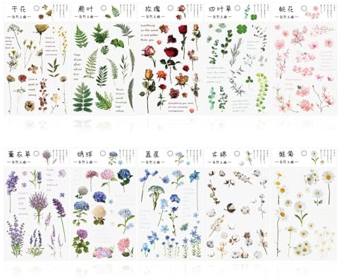 Bieiyhe 10 Blatt Blumen Sticker Natur Pflanzen Sticker Scrapbooking Aufkleber Fotoalbum Deko Sticker Transparent Klein Aesthetic Sticker Selbstklebend Vintage Flower Sticker Wasserfeste für Handwerk