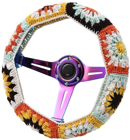 XhuangTech Auto-Lenkradbezug, gehäkelt, 35,6 cm - 38,1 cm, weich, rutschfest, Autozubehör, ästhetische Dekorationen für Frauen (Boho, bunte Blume)