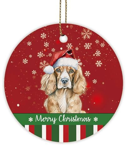 GABSHAIM Spaniel Cocker Hund Frohe Weihnachten Ornament Schneeflocke Grün Rot Streifen Keramik Ornament Weihnachtsbaum Xmas Home Decor für Hundeliebhaber 7,1 cm Stil 2