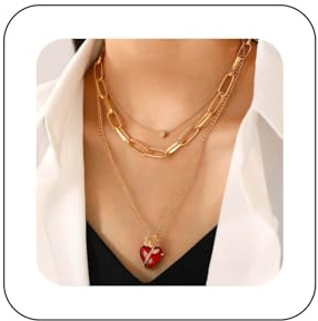 Cybche Boho Geschichtet Herz Blume Halskette Gold Rubin Herz Halskette Rot Kristall Herz Anhänger Halskette Rose Floral Herz Halsketten Büroklammer Kette Choker Halskette Schmuck Für Frauen