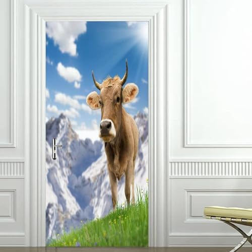 Türtapete Selbstklebend Tier Kuh Türfolie Türposter 3D Fototapete Schneeberg Türaufkleber Abnehmbar Tür Aufkleber Wandtattoo für Kinderzimmer Badezimmer 85x200 cm A/N572