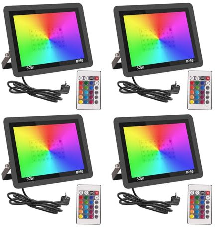 Fosingut RGB Focos Led Exterior,50W Foco Proyector LED Exterior Regulable con Control Remoto,Impermeable IP66 Lámpara RGB Foco Led Interior 4 Modos Para Fiesta,Jardin,Navidad,Paisaje Deco-4pcs