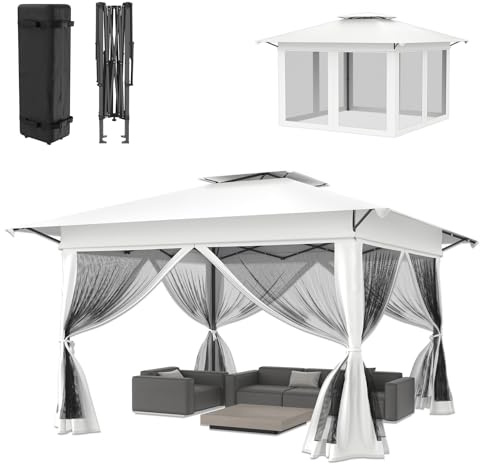 ACXIN 4x4m Faltpavillon Gartenpavillon Pop-Up Pavillon Weiß Höhenverstellbar Anti-Moskito Balkon Terrasse Outdoor Party Event Tragbar Faltbarer Pavillon für Garten Camping Picknick