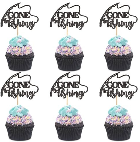 Ercadio 24 PCS Fishing Cupcake Toppers Picks Black Glitter Come To Fishing Cake Decor for Kids Boys Gone Fish Cake Baby Shower Party Summer Outdoor Fishing Party Decor