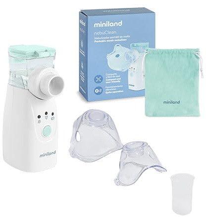 Miniland – Tragbarer Baby-Vernebler Nebuclean, Wiederaufladbare Batterie, Leiser Vernebler für Erwachsene und Kinder, Für Zuhause und Unterwegs, Inklusive Masken und Tragetasche