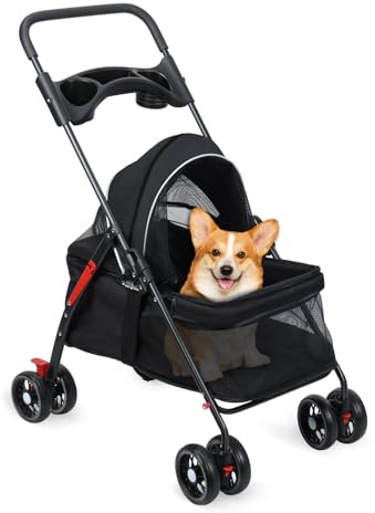 Dog Cat Stroller,Pet Stroller Dog Pushchair for Medium Dogs 20kg, with Cup Holder, Breathable and Visible Mesh