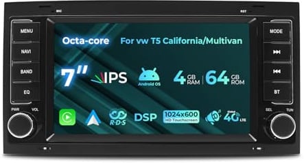 NVGOTEV 8-Core Autoradio für vw T5 California/Multivan 2003-2012, 7-Zoll Radio Stereo 4G+64G Head Unit mit Wireless Carplay/Android Auto Bluetooth WiFi 4G GPS Navi DSP FM AM RDS SWC