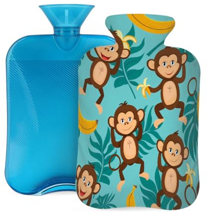 Mexpekil Tropische Palmenblätter Affe Banane Wärmflasche mit Bezug, 2L PVC Wärmbeutel zur Schmerzlinderung, Füße, Rücken, Wärme