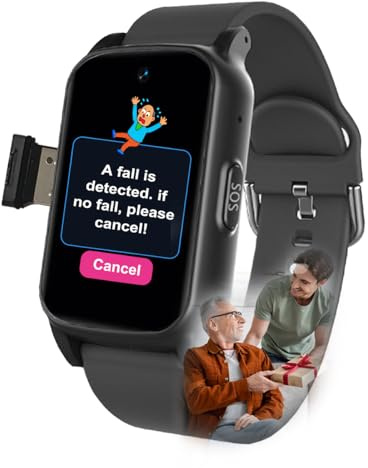 VCYEX Bracelet Alarme Personne Agee, Détection De Chute Montre Connectée, Montre Traceur GPS Appel Vocal HD Et Étanche, Montre Connectée Petit PoignetBlack,1.25 * 0.57 * 2.22inch