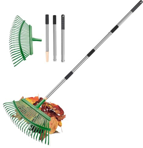 Laubrechen Verstellbar, 48cm Breiter Gartenrechen Metall, 25 Robuste Zinken, Edelstahlstiel Rostfrei, 83-135cm Längenverstellbar, Für Laub, Rasen, Kiefernnadeln, Unkraut & Gartenpflege