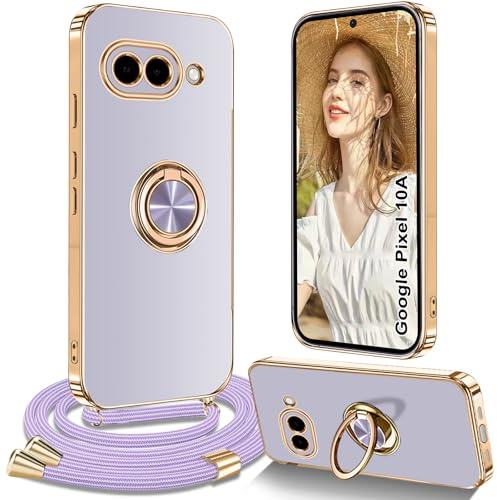 Yutwo Coque pour Google Pixel 10A avec Cordon, Coque pour Google Pixel 10A avec Collier Silicone Housse 360° Voiture de Bague Magnétique Antichoc Étui avec Cordon Réglable Case, Violet