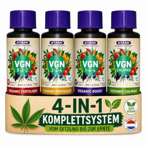 Dünger Set 4x100ml - Veganic Grow & Blüte Bio Flüssigdünger Hanf | ATAMI's Pflanzlich für Hanf, Indoor & Outdoor, mit stickstofffreiem CalMag, IDHA-Chelaten, Düngeplan und Öko-Zulassung