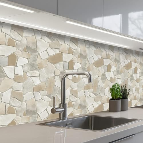 KitchenYeah© Küchenrückwand Selbstklebende Kitchen Wall Protector Küchen | 60x200 cm - Rückenwand Küchenfronten Küchenrückwände Küche Wand Mosaik - Steine - Beige