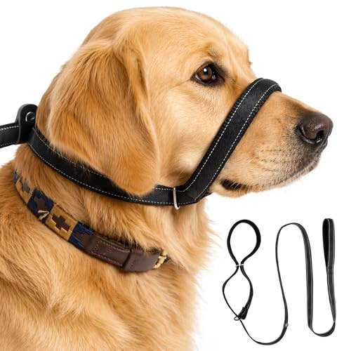 Figure of 8 Dog Lead, Anti Pull Figure-8 Dog Lead with Padded Nose Loop & Adjustable Stopper, Reflective Durable Nylon for All Breeds (Black)