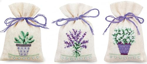 Vervaco Herbal Tertüt Set of 3, Assorted Flowers Counted Cross Stitch Kit, Cotton, Multicoloured, 8 x 12 x 0.3 cm, 3 Units