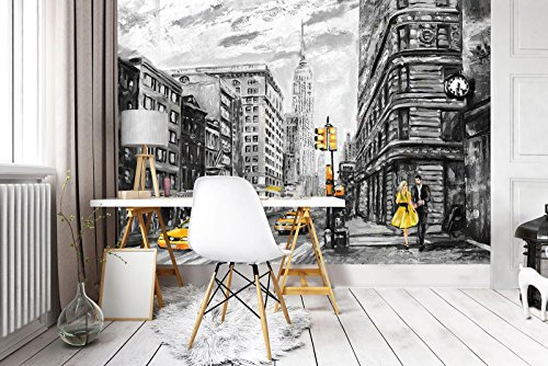 DekoShop AMD11469_P Ville New York Papier peint mural moderne Motif Taxi, Dos en papier bleu, Noir, blanc, jaune, P4 (254cm. x 184cm.)