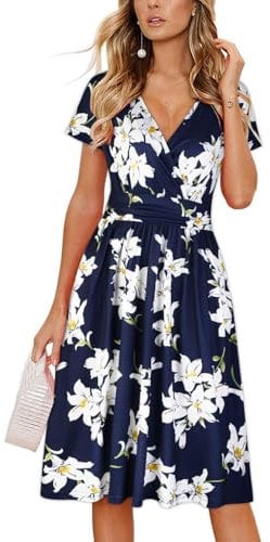 OUGES Women's Summer Short Sleeve V-Neck Floral Casual Ladies Dress with Pockets (Floral01,M)