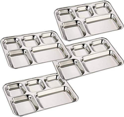 Pack of 4 Rectangular Steel Thali with 5 Compartment Food Divided Steel Plate, Mess Tray, Dinner Plates, Indian Dinnerware Plates, for Kitchen,Home,Office Etc Daily Use Kids Lunch Plates by Khandekar