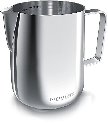 Arendo - Milchkännchen Edelstahl 350ml - Aufschäumer Kännchen – Milchkanne – milk pitcher - rostfreier Edelstahl – zum Milch Aufschäumen – spülmaschinenfest - Messskala - für Barista Cappuccino Latte