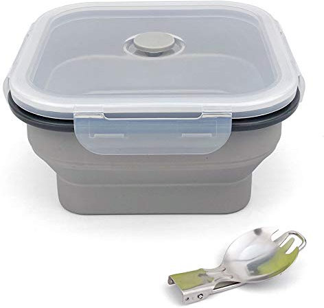 Ewrap Cuenco plegable grande de 1200 ml, de silicona, portátil, con cuchara de tenedor plegable 2 en 1, ahorra 1/2 espacio, uso en microondas y congelador, color gris