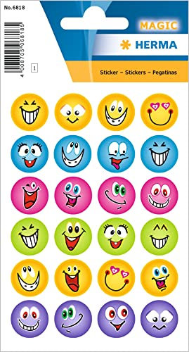 HERMA 6818 Aufkleber Smiley Glitzer klein groß, 24 Stück, Belohnung Sticker mit lustigen Emoji Gesicht Motiv, Kinder Etiketten für Schule Grundschule Schüler Tagebuch Scrapbooking Geburtstag Deko DIY