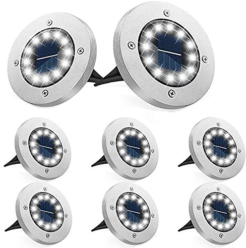 Bzavor 8er Solar Bodenleuchte Aussen, 12 LEDs Leuchten Mit Upgrade Solarpanel Gartenleuchte Solarlampe Strahler Deko für Rasen, Gehweg, Pool, Terrassen (Kaltweiß)