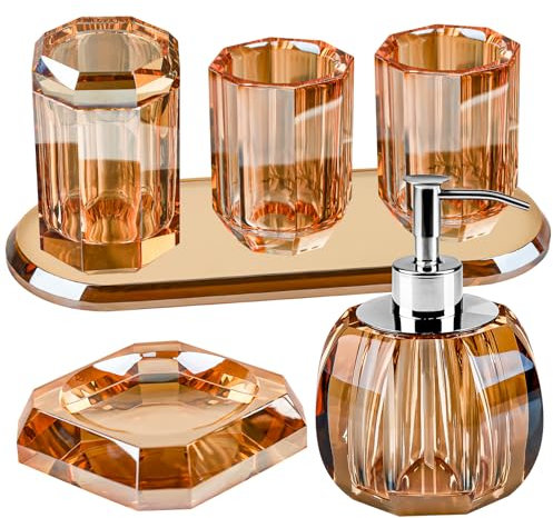 Woration Juego completo de accesorios de baño decorativos de cristal de lujo, dispensador de jabón Hande, tarro de algodón, vaso, bandeja de tocador, jabonera, soporte para bandeja de tocador, color