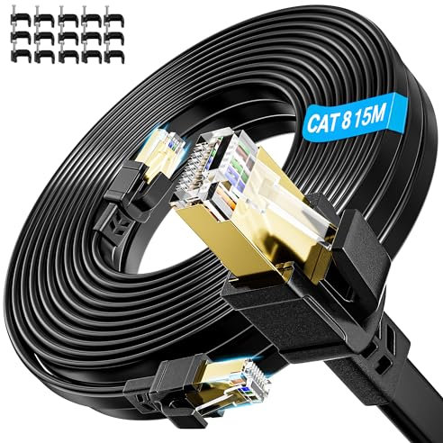 Cable Ethernet Cat 8 15m, Cable RJ45 15 Mètres Blindé 40Gbps 2000Mhz Câble Internet Haut Debit Impermeable Cable Reseau Gigabit Extra Long Câble LAN Plat Câble de Patch Noir pour Modem, Routeur