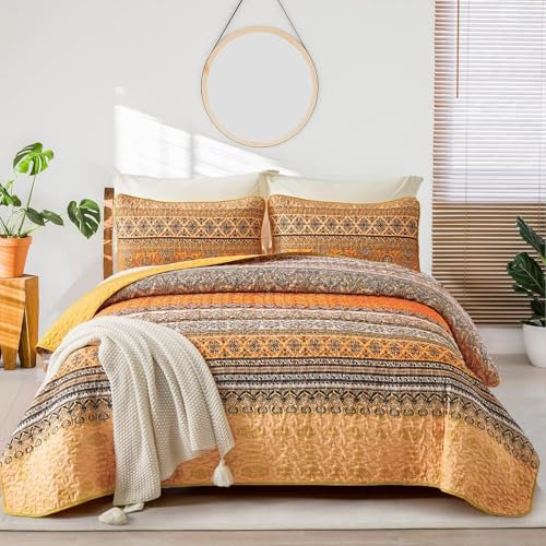 WONGS BEDDING Bohemian-Steppdecke, Boho-Steppdecke, King-Size-Größe, leichte Mikrofaser, Bettdekoration, Tagesdecke für alle Jahreszeiten, 261,6 x 228,6 cm, Gelb/Orange, 3 Stück