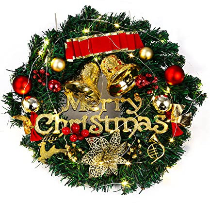 FAOKZE Weihnachtskranz Mit 2m langer LED-Lichterkette, Türkranz Weihnachtskranz, Türkranz Weihnachten, Weihnachtsgirlande mit Kugeln, als Tür- und Tisch-Dekoration zu Weihnachten(30cm)