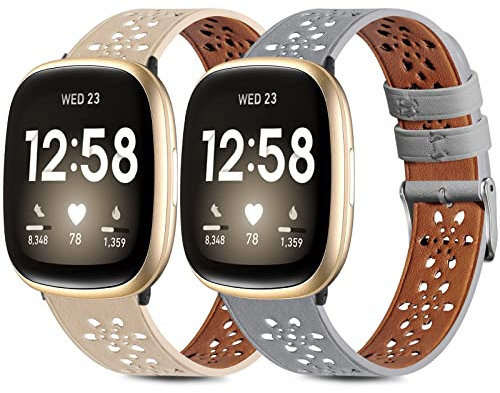 2 Stück Lederbänder kompatibel mit Fitbit Versa 3 Bands & Fitbit Sense Band für Damen und Herren, HollowOut Spitzenband für Fitbit Sense, weiches Ersatzarmband für Versa 3 (Für Fitbit Versa 3 &