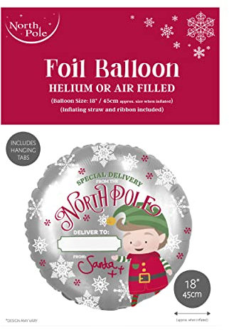 Eurowrap Palloncino natalizio in stagnola da 45,7 cm, adatto per consegna speciale Hellium, personalizza il polo nord degli elfi include corde e linguette adesive