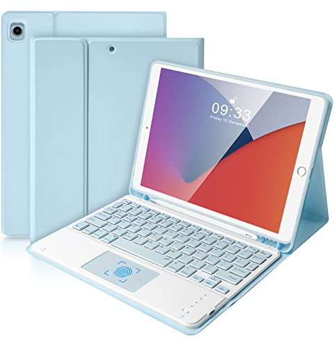 SOPPY Custodia con Tastiera per iPad con Touchpad, Tastiera Inglese Bluetooth per iPad 10.2 9a Generazione/8a Gene/7a Gene, iPad Air 3, iPad Pro 10.5 2017, Tastiera Staccabile - Azzurro