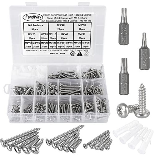 FandWay Lot de 400 vis autotaraudeuses Torx à tête cylindrique M3/M4/M5 Torx de sécurité antivol en acier inoxydable 304, vis à bois à tête ronde avec 3 embouts et chevilles M6.
