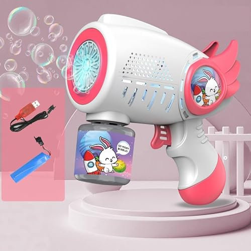 Seifenblasenpistole für Kinder,Automatische Seifenblasenmaschine mit wiederaufladbare Akku/Reichlich Seifenblasen/LED Licht für Geburtstag Hochzeitsparty Outdoor Aktivitäten Spielzeug (Rosa)
