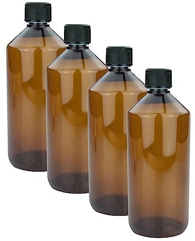 mikken 4x Braune Laborflasche 1000 ml Kunststoff Flaschen für e-Liquid, Chemikalien, etc. + Etikett
