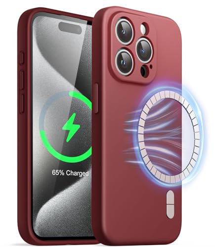 JETech Magnetisch Silikon Hülle für iPhone 15 Pro 6,1 Zoll, Kompatibel mit MagSafe, Handyhülle mit Voll Kamera Schutz (Dunkelrot)